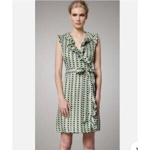 Kate Spade Aubrey Silk Wrap Dress Green Geometric Print Sleeveless Belt Sz 8